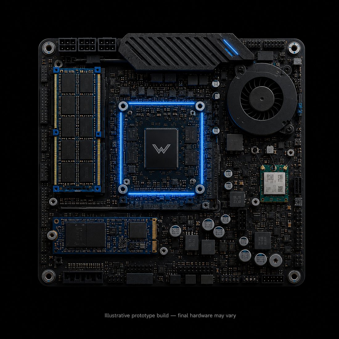 Warden prototype motherboard — top-down view